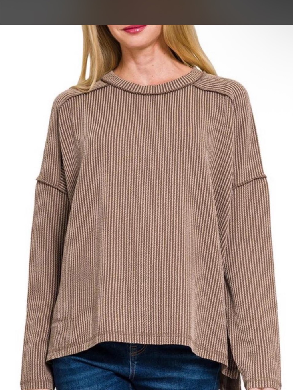 Zenana Outfitters Ribbed Crewneck Sweater In Lt Mocha